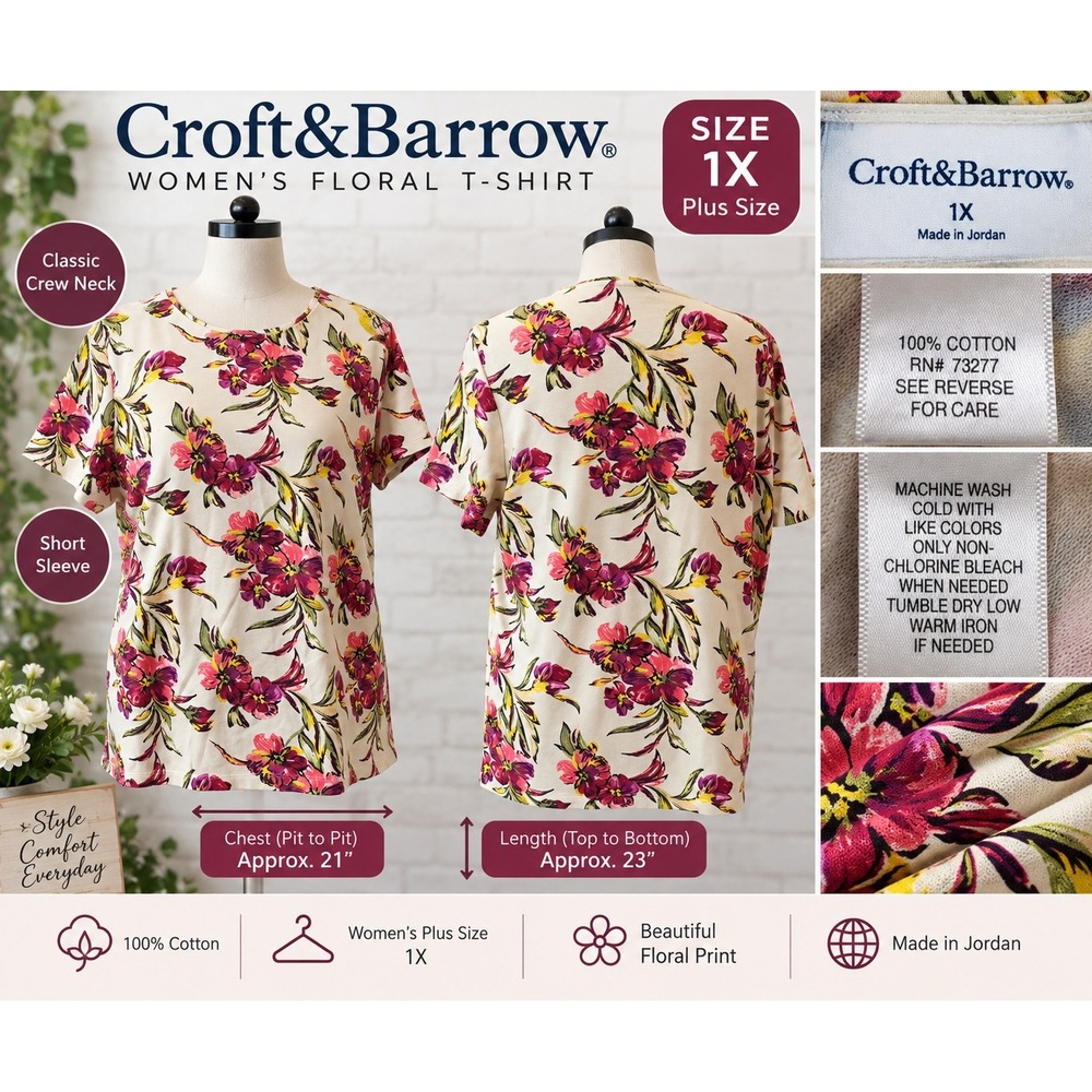Croft & Barrow Womens Floral T-Shirt Short Sleeve Crew Neck Cotton Cream 1X